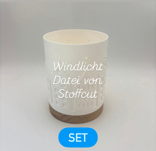 SET Häuser Windlicht Rohling mit Eichen Sockel SET